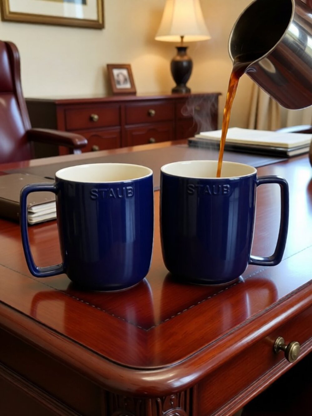 2 Staub Dark Blue Ceramic Coffee Mugs 16oz Stackable